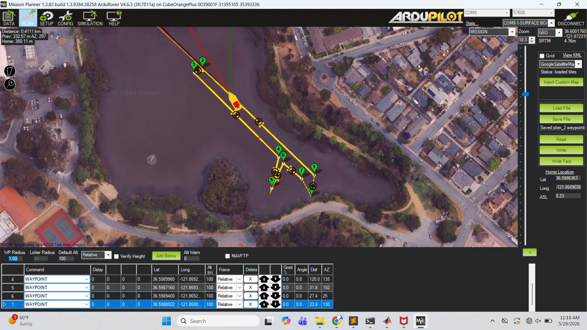 Mission Planner screenshot showing the uploaded waypoint mission overlaid on a satellite map of the course area.